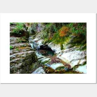 View in Sarnano at Pozze dell'Acquasanta with rocks, rivulets, water, greenery Posters and Art